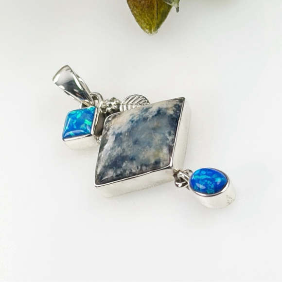 Solid Sterling Silver 925 Fire Opal Pendant Lapis Lace Onyx aka Blue Scheelite - Picture 5 of 7